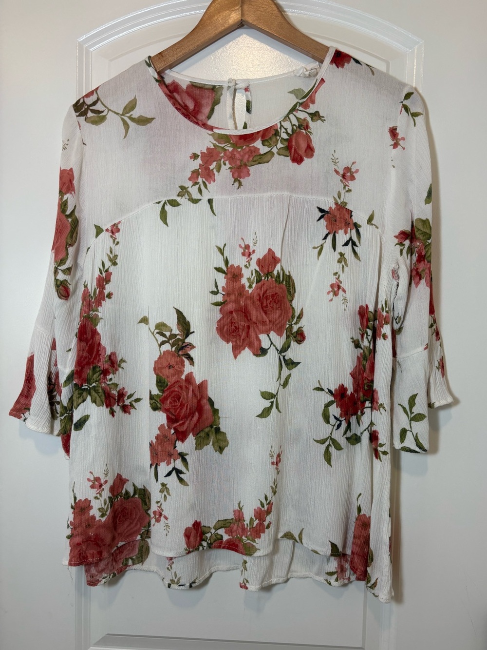 Women's White Floral Round-Neck Blouse with Rose Print